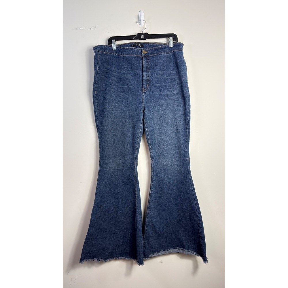 Lucky & Blessed Flare Jeans Blue High Rise Raw Hem Women Size 22